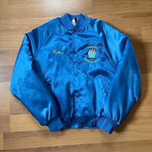 Vintage 80’s Collins Muffler Shop Blue Satin Snap Bomber Work Jacket Sz Medium